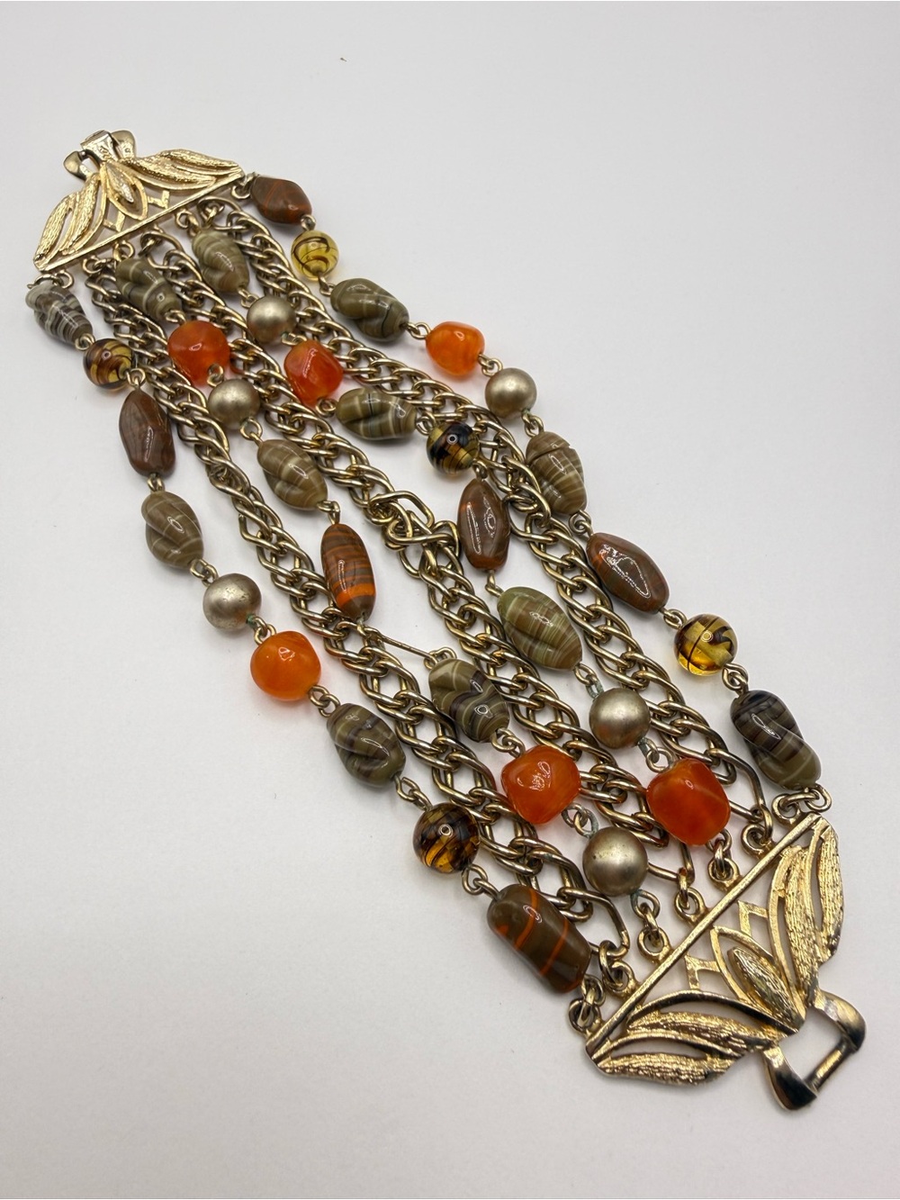 Vintage Multi-Strand Agate Carnelian Beaded Statement Necklace 7.5”